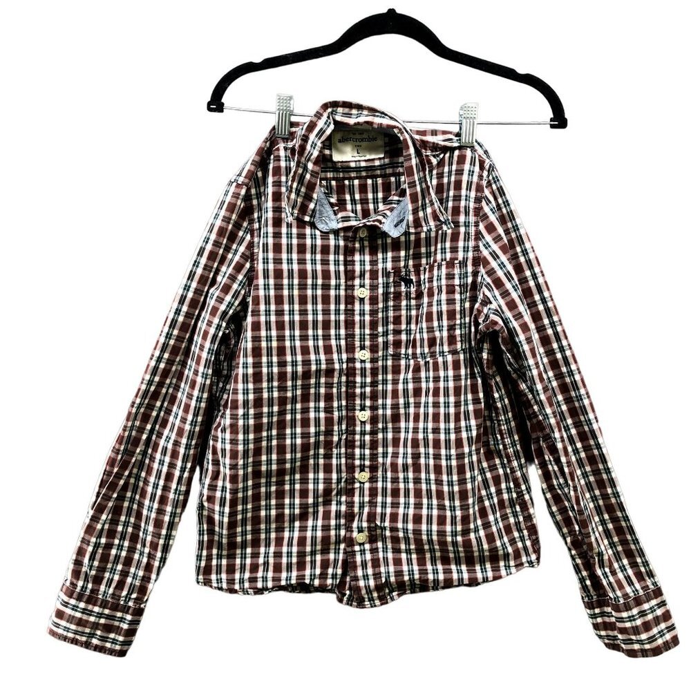 Abercrombie Kids Boy Size L Muscle Button Down Shirt Red Green Plaid Long Sleeve